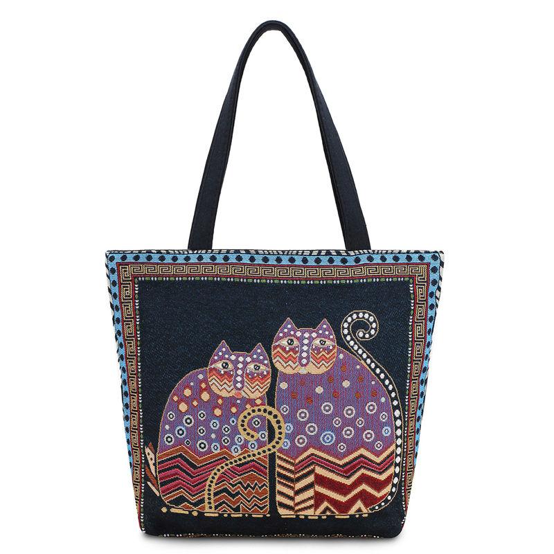 Vintage Embroidery Cats Tote Bag